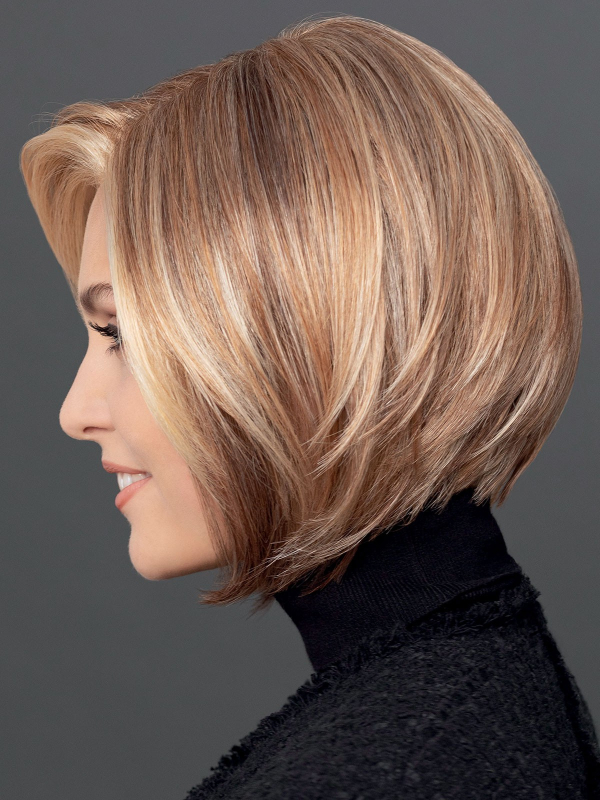 Perücke Cindy Mono Lace Modern'Hair: trendiger Stufencarré, kurzer Schnitt hinten und lange Strähnen vorne, natürliches Erschein