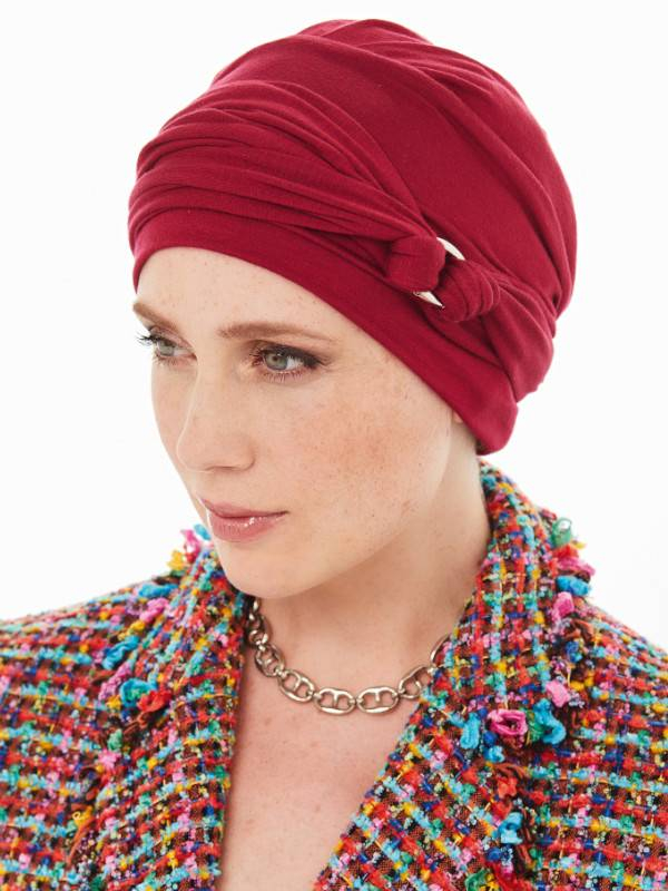 Set Amira Gisela Mayer: Chemo-Mütze aus Bambus mit geknotem Stirnband und Metallöse, bequem und elegant bei Alopezie
