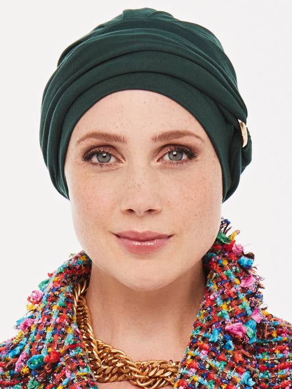 Set Amira Gisela Mayer: Chemo-Mütze aus Bambus mit geknotem Stirnband und Metallöse, bequem und elegant bei Alopezie