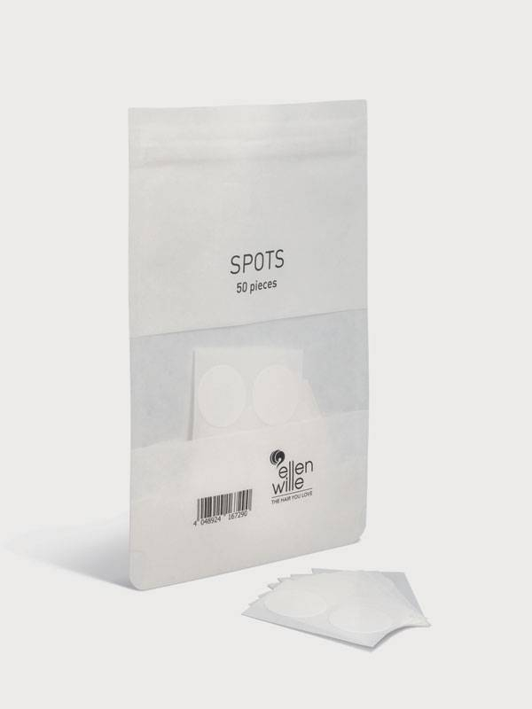 Packung mit 50 transparenten Ellen Wille Klebepunkten für diskrete Befestigung von Haarprothesen auf Monofilament