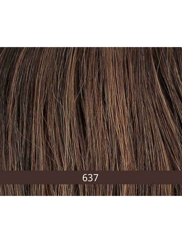 Perücke Duo Yuri Mono Gisela Mayer: mittellanger Stufencarré, gerader Pony, natürliches Volumen, Thermofasern und 30% Remy Hair.