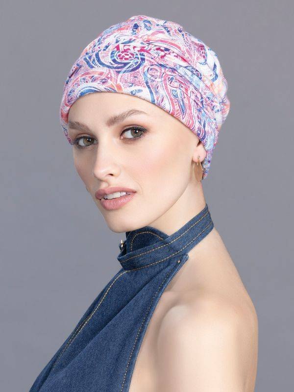 Chemo-Turban Meral Ellen Wille, leicht aufzusetzende Mütze mit femininen Mustern, ideal während Chemotherapie oder Strahlenthera