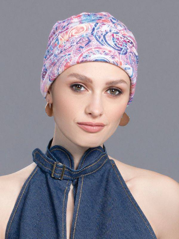 Chemo-Turban Meral Ellen Wille, leicht aufzusetzende Mütze mit femininen Mustern, ideal während Chemotherapie oder Strahlenthera