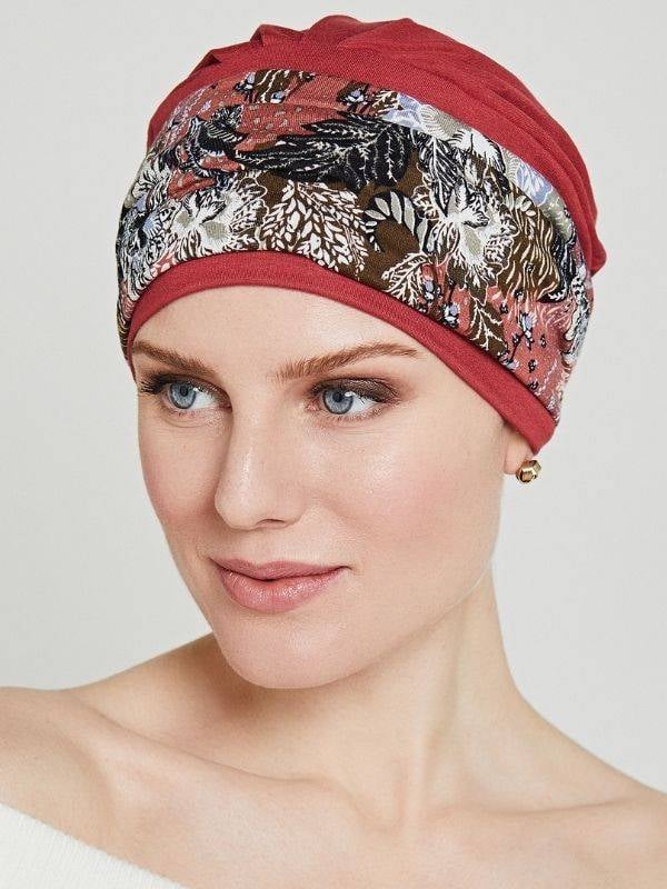 Turban Rina — unifarbene Haube und bedrucktes Stirnband, 95% Bambus, eleganter und bequemer Stil