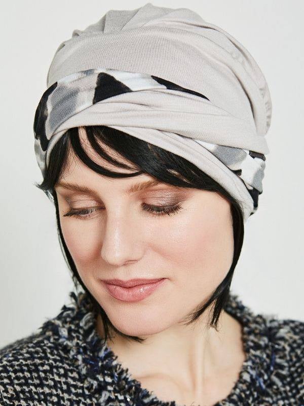 Turban Rina — unifarbene Haube und bedrucktes Stirnband, 95% Bambus, eleganter und bequemer Stil