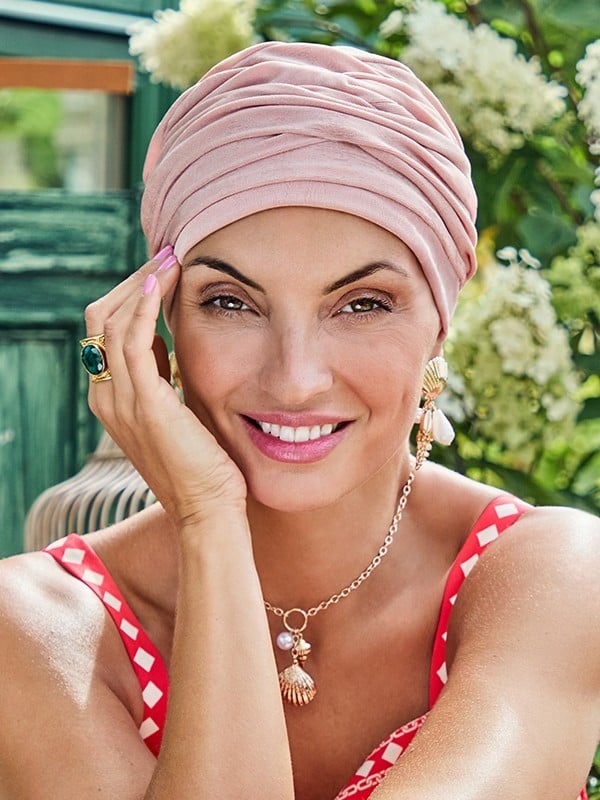 Chemo-Mütze Boho Christine Headwear: Bohème-Turban mit Faltenwurf-Effekt, Polyesterschleier und weicher, atmungsaktiver Bambus-V