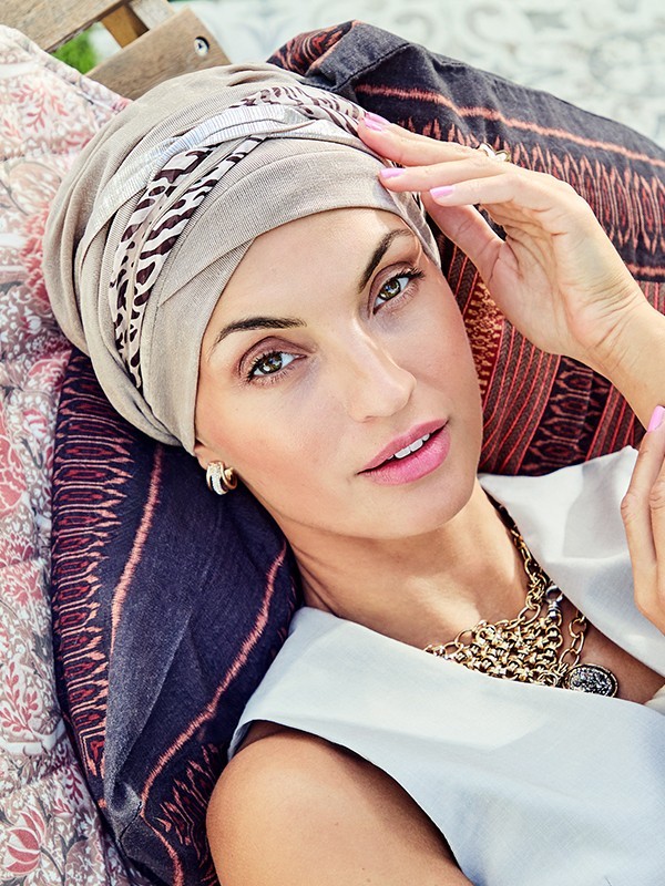 Turban-Mütze Boho Twin Set Christine Headwear mit abnehmbarem Knoten-Stirnband, komfortabel und weich bei Alopezie oder Chemothe