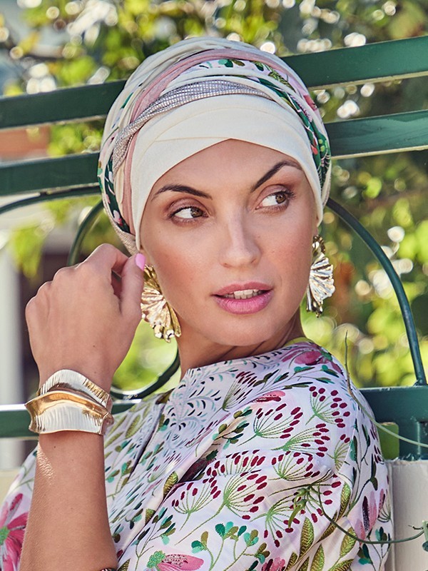 Turban-Mütze Boho Twin Set Christine Headwear mit abnehmbarem Knoten-Stirnband, komfortabel und weich bei Alopezie oder Chemothe