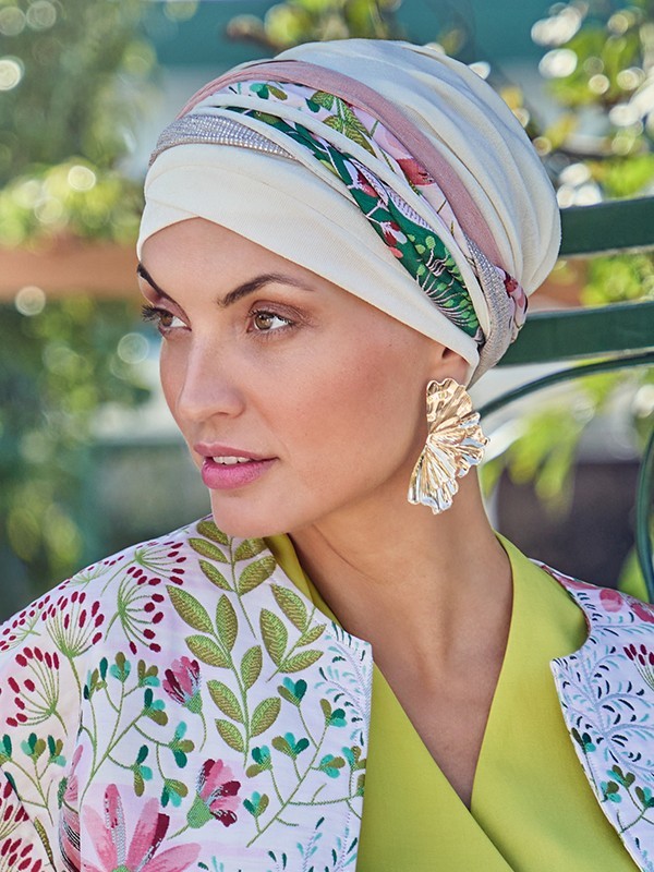 Turban-Mütze Boho Twin Set Christine Headwear mit abnehmbarem Knoten-Stirnband, komfortabel und weich bei Alopezie oder Chemothe