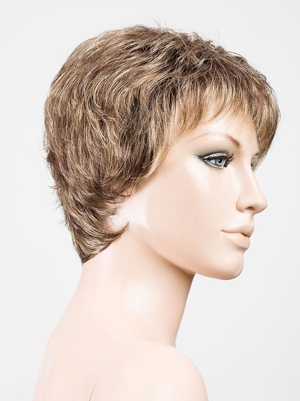 Kurze, gestufte und spitz zulaufende Perücke Foxy Small mit dunklem Ansatzeffekt und Balayage-Strähnen, für kleinen Kopfumfang 4