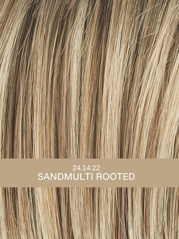 Kurze Gold-Perücke: sehr natürliches Ergebnis, sportlicher und dynamischer Stil, Rooted-Effekt (Ansatz) und Mix-Effekt (Balayage