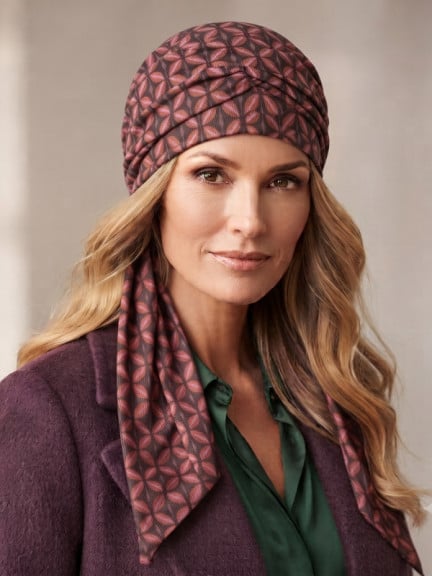 Zweiteiliges Turban-Set Lena Volume Printed von Gisela Mayer mit Volumen, erhältlich in Wine Red und Blue Jeans